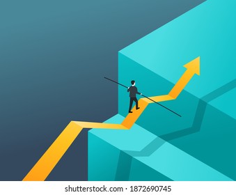 Business risk and professional strategy profit concept - businessman walks big arrow as tightrope walker - isometric conceptual illustration for banner or poster