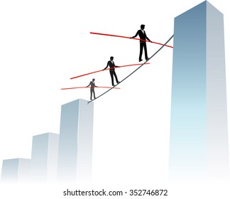 Business Risk Reaching High Graph-Conceptual Illustration Of Businessmen Crossing Towards Higher Goals On A Tight Rope