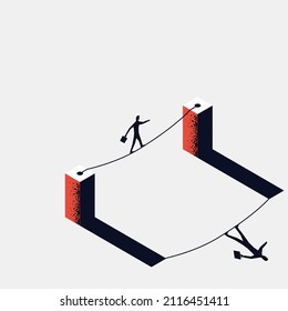 Business risk rope. Businessman walking on tightrope gap in rocks. Way to success. Obstacle on road. Vector flat design. Isolated on white background. Success in business concept.