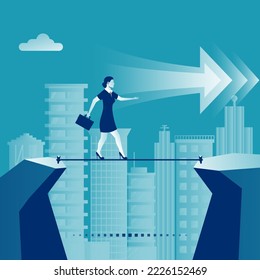 Business risk rope. Businesswoman walking on a tightrope in the background big modern city. Way to success. Vector flat design. Success in business concept. Motivational business template.