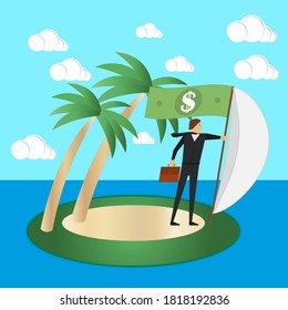 Business risk and survival concept. Businessman on a tropical island fly a sail and a dollar flag. Vector illustration.