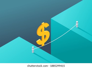 Business risk and unstable economics concept - dollar sign crossing the abyss on tiny rope. Financial risk concept. Vector illustration