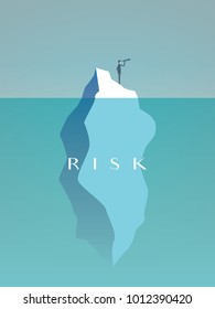 Business risk vector concept with businessman on iceberg in sea. Symbol of challenge, danger, leadership and courage. Eps10 vector illustration.