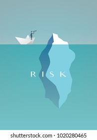 Business risk vector concept with businessman in paper boat sailing close to iceberg. Symbol of danger, challenge, courage. eps10 vector illustration.