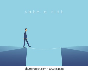 Business risk vector concept with businessman walking on tightrope. Symbol of challenge, success, overcoming and danger. Eps10 vector illustration.