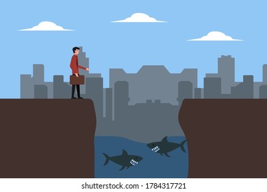 Business risk vector concept: businessman on the edge of a cliff with sharks in the water below