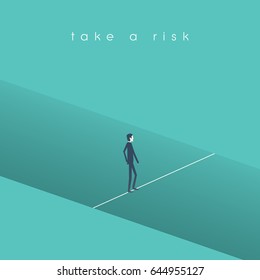 Business risk vector concept with businessman walking over hole on a line rope. Symbol of business challenge, determination, motivation. Eps10 vector illustration.