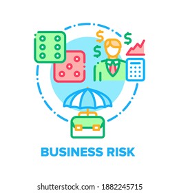 Business Risk Vector Icon Concept. Financial Game Risk Calculating, Analysis And Strategy, Plan And Assessment, Evaluate And Review. Businessman Managing Finance And Solve Problem Color Illustration