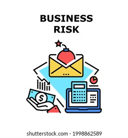 Concepto de icono del vector de riesgo comercial. Riesgo Empresarial De Disminuir La Tasa De Mercado Financiero, Calculando Las Pérdidas Financieras Y La Malversación, El Pago De Impuestos Y Las Multas. Ilustración de color de problemas de la empresa