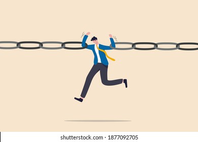 Business risk, vulnerability, danger and weakness or conflict causing failure in business and investment concept, tried fatigue businessman trying to hold broken chain together with his low energy.