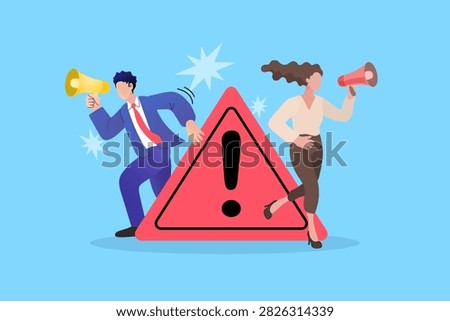 Business risk warning and crisis communication announcement concept. Businessman and businesswoman shouting through megaphones near exclamation triangle sign for attention, alert, and caution.