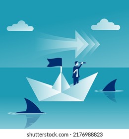 Business risk. Way to success. Obstacle on road. Search solution. Businessman standing on paper ship look in telescope, seeing future. Vector illustration flat design. Dangers on the way to success.