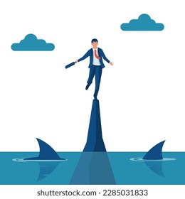Business risk. Way to success. Obstacle on road. Search solution. Businessman standing rock ledge. Vector illustration flat design. Dangers on the way to success.