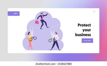 Business Risk Website Landing Page. Business Man Cross an Obstacle in Balance on Rope Opponents Businessman and Businesswoman Cut it with Scissors Web Page Banner. Cartoon Flat Vector Illustration