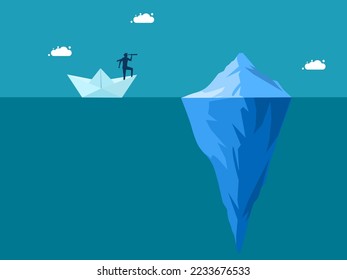 Business risks. Businessman in paper boat sailing near iceberg