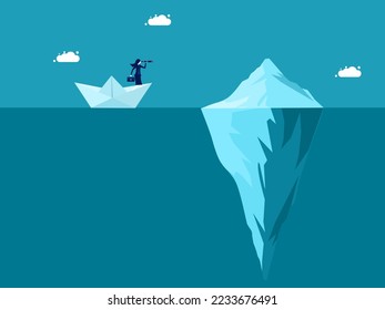 Business risks. Businesswoman in paper boat sailing near iceberg