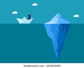 Business risks. Businesswoman in paper boat sailing near iceberg