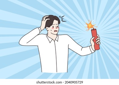 Business risks, challenge, stress concept. Young stressed frustrated Businessman standing feeling worried for imminent explosion vector illustration 