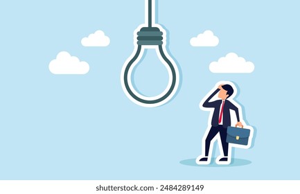 Business risks and challenges include mistakes, failures, bad ideas, self-sabotage, and pitfalls, concept of A doubtful businessman looks at a lightbulb idea, seeing it as a potential noose trap.