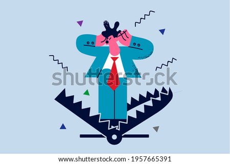 Business risks and fears concept. Young businessman worker cartoon character standing being caught in mouse trap in risk business vector illustration 