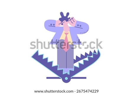 Business risks and fears concept. Young businessman worker cartoon character standing being caught in mouse trap in risk business vector illustration