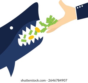 Riscos comerciais, corrupção financeira ou política, perdas comerciais ou falhas de investimento, dinheiro nas mãos de empresários caindo na boca de crocodilos ilustração de ações

