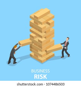 Business risks flat isometric vector concept. Two businessmen are playing the Tower game.