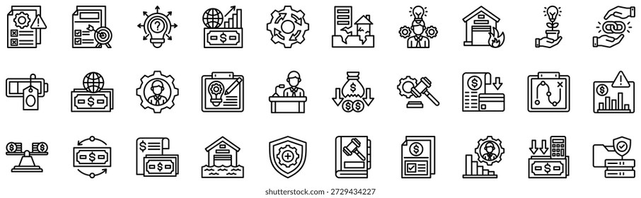 Colección de iconos de riesgos comerciales. Ilustración vectorial. Fracaso, Objetivo, Incertidumbre, Economía, Efectivo, Terremoto, Habilidad, Fuego, Innovación, Vinculado, Fatiga, Dinero, Talento, Proyecto. Vector Pro