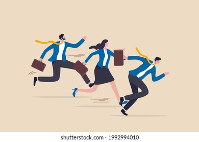 Business rival or competition, challenge to success in work and career, motivation or effort to win the business concept, business people competitor running fast with full effort to finish line.