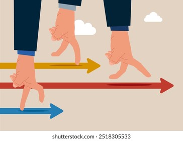 La rivalidad empresarial contra los competidores para aumentar las ventas para la victoria, el rendimiento en comparación con el concepto de otros empleados, las manos de las personas compiten corriendo en el hipódromo de flecha.