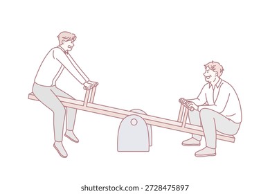 Business rivalry and competition concept. Two businessmen opponents sitting riding on swings trying to outweight one another vector illustration