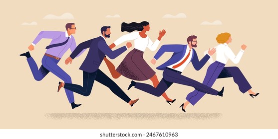 Business rivalry concept. Vector illustration in flat style of a group of diverse people in business attire running in a race. Isolated on background 