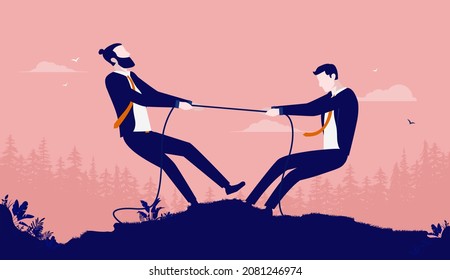 Business rivalry vector illustration - Two businessmen competing in tug of war outdoors. Business competition and contest concept.