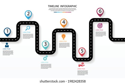 infografía de la hoja de ruta de negocios con 6 opciones. punto y paso de la línea de tiempo. se puede usar para procesos, presentaciones, diseño, banner, infografía. aislado de fondo blanco.