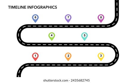 Infografía de mapa de ruta de negocios 8 pasos línea de tiempo concepto ilustración vectorial.