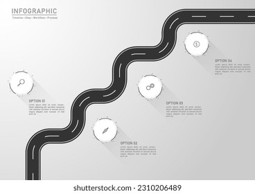 Infografía de la hoja de ruta empresarial. Ruta con un ilustrador vectorial de plantilla de icono plano. Presentación del concepto en 4 pasos.