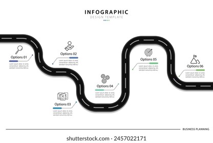 Business road map infographic template. Timeline Journey 6 Steps to Design Infograph. presentation graph. Business concept with 6 options, vector illustration.