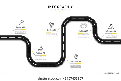 Plantilla infográfica de hoja de ruta empresarial. 6 Pasos para diseñar la infografía. gráfico de presentación. Concepto de negocio con 6 opciones, Ilustración vectorial.