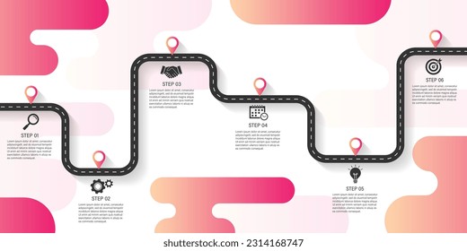 business road map infographics template with step icon. journey route and winding road timeline. vector illustration in flat style modern design.can be used for process, presentations, layout, banner.