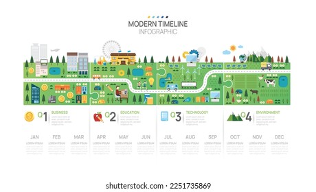 Plantilla de infografía de la línea de tiempo de jigsaw de la hoja de ruta de negocios. Calendario moderno de diagrama de línea de tiempo de elementos de hitos y 4 cuatrimestres, se puede usar para infografías vectoriales, presentaciones de marketing digital.