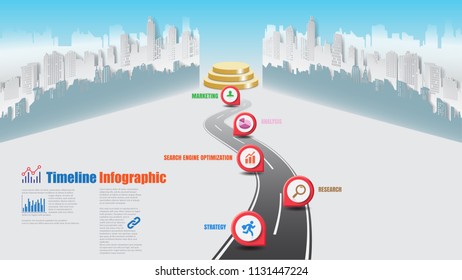 Business road map timeline infographic city milestone pathway to podium designed for modern diagram process technology digital marketing data presentation chart. Vector illustration