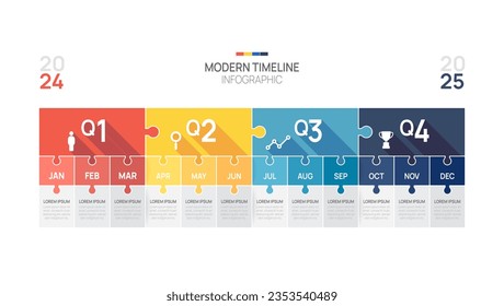 Business Road Map Timeline Infografik jigsaw Template. Modernes Meilenstein Element Timeline Kalender und 4 Viertel Themen, Kann für Vektorgrafiken verwendet werden.