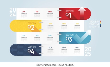 Plantilla de flecha de infografía de la línea de tiempo de la hoja de ruta comercial. Calendario moderno de diagrama de línea de tiempo de elementos de hitos y 4 temas de trimestre, infografía vectorial.