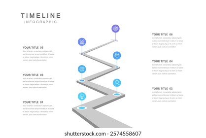 Business road map timeline infographic concept. with icons and 6 steps. Can be used for workflow layout, icons, diagram, report, web design Creative. marketing data. Vector illustration