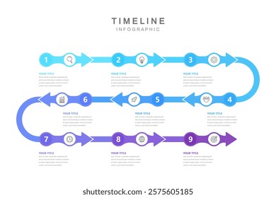 Business road map timeline infographic concept. with icons and 9 steps. Can be used for workflow layout, icons, diagram, report, web design Creative. marketing data. Vector illustration