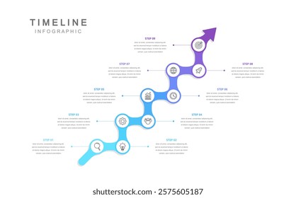 Business road map timeline infographic concept. with icons and 9 steps. Can be used for workflow layout, icons, diagram, report, web design Creative. marketing data. Vector illustration