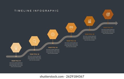 Concept infographique de chronologie de la feuille de route commerciale. avec des icônes et 6 étapes. Peut être utilisé pour la mise en page du workflow, les icônes, le diagramme, le rapport, la création de web design. données marketing. Illustration vectorielle