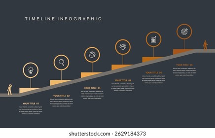 Conceito infográfico da linha do tempo do roteiro de negócios. com ícones e 6 etapas, elementos gráficos de marcos corporativos. layout de fluxo de trabalho, diagrama, relatório, design da Web. Criativo, vetor