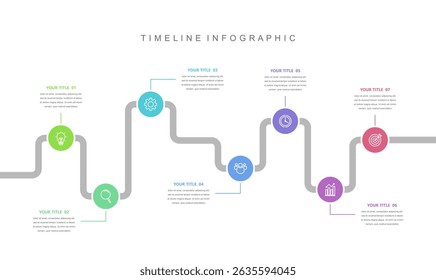 Conceito infográfico de linha de tempo de roteiro de negócios. com ícones e 7 opções, Apresentação de negócios, layout de fluxo de trabalho, diagrama, relatório, design da Web. Criativo, vetor, ilustração.