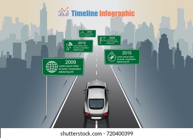 Business road map timeline infographic, sport car is running to city. Vector illustration